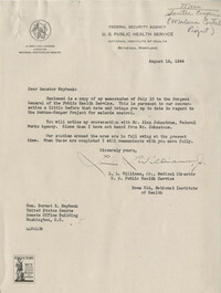 Santee-Cooper: Letter from Louis L. Williams Jr. (U.S. Public Health Service Medical Director) to Senator Burnet R. Maybank, August 19, 1944