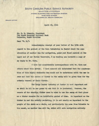 Santee-Cooper: Correspondence between Richard M. Jefferies (General Manager of the South Carolina Public Service Authority) and B. M. Edwards (President of the South Carolina National Bank), April 15, 1944