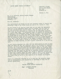 Santee-Cooper: Correspondence between Richard M. Jefferies (General Manager of the South Carolina Public Service Authority) and Lawrence Ottinger (President of United States Plywood Cooperation), January 1944