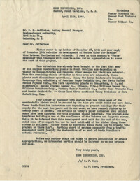 Santee-Cooper: Correspondence between Richard M. Jefferies (General Manager of the South Carolina Public Service Authority) and C. F. Korn (President of Korn Industries, Inc.), April 11, 1944