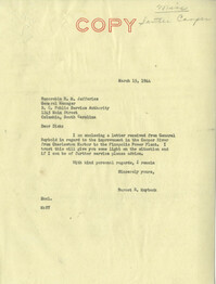 Santee-Cooper: Letter from Senator Burnet R. Maybank to Richard M. Jefferies (General Counsel of the South Carolina Public Service Authority), March 15, 1944