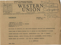 Santee-Cooper: Telegram from Richard M. Jefferies (General Counsel of the South Carolina Public Service Authority) to Senator D. A. Smith, May 10, 1944