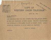 Santee-Cooper: Telegram from Senator Burnet R. Maybank to Richard M. Jefferies (General Counsel of the South Carolina Public Service Authority), April 13, 1944