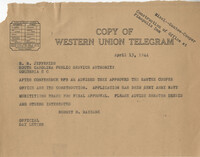 Santee-Cooper: Telegram from Senator Burnet R. Maybank to Richard M. Jefferies (General Counsel of the South Carolina Public Service Authority), April 13, 1944