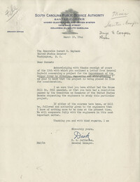 Santee-Cooper: Letter from Richard M. Jefferies (General Counsel of the South Carolina Public Service Authority) to Senator Burnet R. Maybank, March 18, 1944