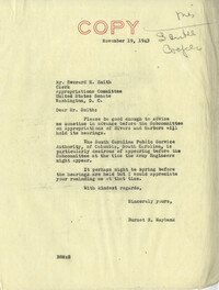 Santee-Cooper: Letter from Senator Burnet R. Maybank to Everard H. Smith (Clerk for the Senate Appropriations Committee), November 19, 1943