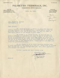 Santee-Cooper: Letter from Spencer R. McMaster (Vice-President of Palmetto Terminals, Inc.) to Senator Burnet R. Maybank, March 24, 1944