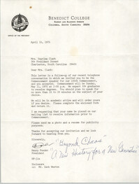 Letter from Henry Ponder to Septima P. Clark, April 15, 1975
