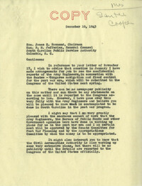 Santee-Cooper: Correspondence between Richard M. Jefferies, James H. Hammond, and Senator Burnet R. Maybank, November 17, 1943-December 10, 1943
