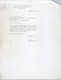 Letter from Leslie Dunbar to Bernice Robinson, September 8, 1970