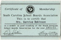 Bernice Robinson's South Carolina School Boards Association Certificate of Membership Card