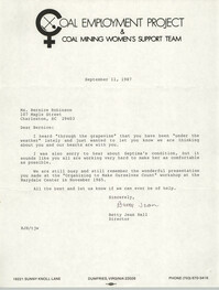 Letter from Betty Jean Hall to Bernice Robinson, September 11, 1987