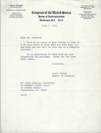 Letter from Louis Stokes to Esau Jenkins, July 7, 1972