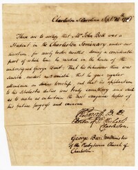 Certification of John Ball's Status as a Student at the Charleston Seminary, September 15, 1798