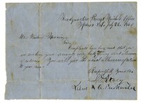 Letter to Woodward Manning from the Headquarters of the Provost Marshals Office, July 22, 1865