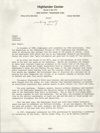 Highlander School 50th Anniversary Letter Draft, November 7, 1982