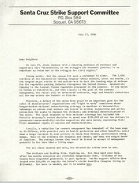 Letter from Santa Cruz Strike Support Committee, July 25, 1986