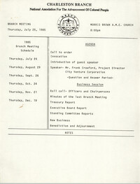 Charleston Branch of the NAACP Branch Meeting Schedule and Agenda, 1985
