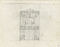 Unidentified gate with center scrolls, tear drop scrolls, center leaf, and scrolled top