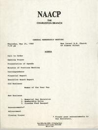 Agenda, Charleston Branch of the NAACP Branch General Membership Meeting, May 25, 1989