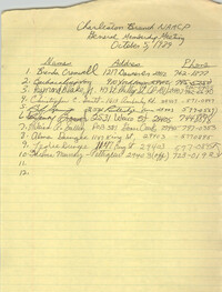 Sign-in Sheet, Charleston Branch of the NAACP, General Membership Meeting, October 5, 1989