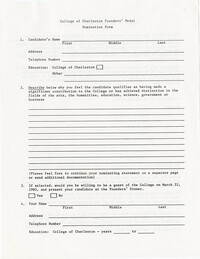 College of Charleston Founders Medal Nomination Form