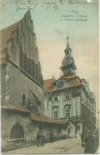 Prag Jüdisches Rathaus u. Altneu-Synagoge.