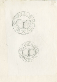Sketches with butterfly centers, one surrounded by scrolls, the other with leaves