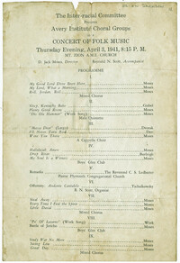Program for folk music concert by the Avery Institute Choral Groups
