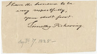 Thomas S. Grimke Autograph Collection, autograph of Timothy Pickering, United States Secretary of State, September 7, 1825
