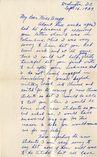 Letter from Fong Lee Wong to Laura M. Bragg, September 16, 1929