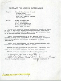 Contract for Music Performance, NAACP Charleston Branch and Tony and Company