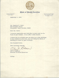 Letter from Otis J. Robinson to Septima P. Clark, September 1, 1976