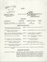 Resume, Randall Robinson, September 14, 1989