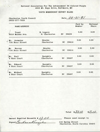 Youth Membership Report Blank, Charleston Youth Council, NAACP, Barbara Kingston, August 31, 1991