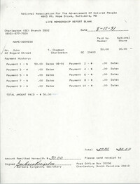 Life Membership Report Blank, Charleston Branch of the NAACP, Barbara Kingston, August 15, 1991