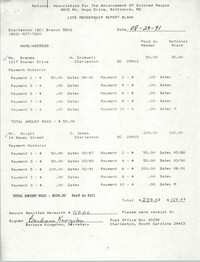 Life Membership Report Blank, Charleston Branch of the NAACP, Barbara Kingston, August 29, 1991