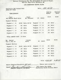 Life Membership Report Blank, Charleston Branch of the NAACP, Barbara Kingston, August 31, 1991