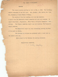 Minutes to the Board of Management Meeting, Coming Street Y.W.C.A., February 1, 1922