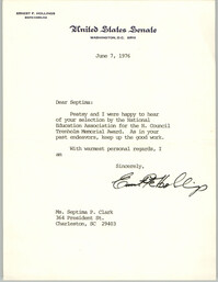 Letter from Ernest F. Hollings to Septima Clark, June 7, 1976