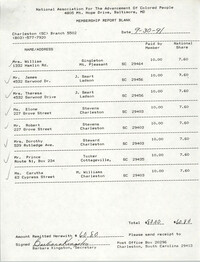 Membership Report Blank, Charleston Branch of the NAACP, Barbara Kingston, September 30, 1991