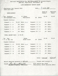 Life Membership Report Blank, Charleston Branch of the NAACP, Barbara Kingston, September 31, 1991