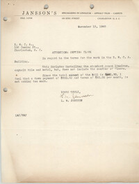 Letter from Janssons Carpet Shop Invoice to Coming Street Y.W.C.A., November 13, 1948