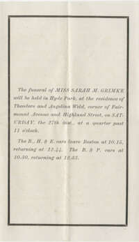 Printed funeral announcement for Sarah M. Grimke, Saturday, December 27, 1873