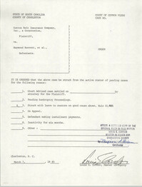 Order, State of South Carolina, County of Charleston, Cotton Belt Insurance Company vs. Reginald C. Barrett Sr., et al., Louis E. Condon, March 7, 1985