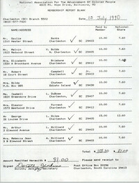 Membership Report Blank, Charleston Branch of the NAACP, Dorothy Jenkins, July 15, 1990
