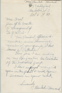 Letter from Beulah Howard to Committee of Management, Coming Street Y.W.C.A., October 6, 1940