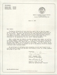 Letter from Fred L. Woodham and Howard G. Lundy, Jr., Medical University of South Carolina (MUSC), March 9, 1987