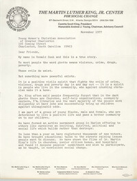 Letter from Ronald Cook and Coretta Scott King to Y.W.C.A. of Greater Charleston, November 1977
