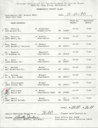 Membership Report Blank, Charleston Branch of the NAACP, Dorothy Jenkins, December 30, 1990